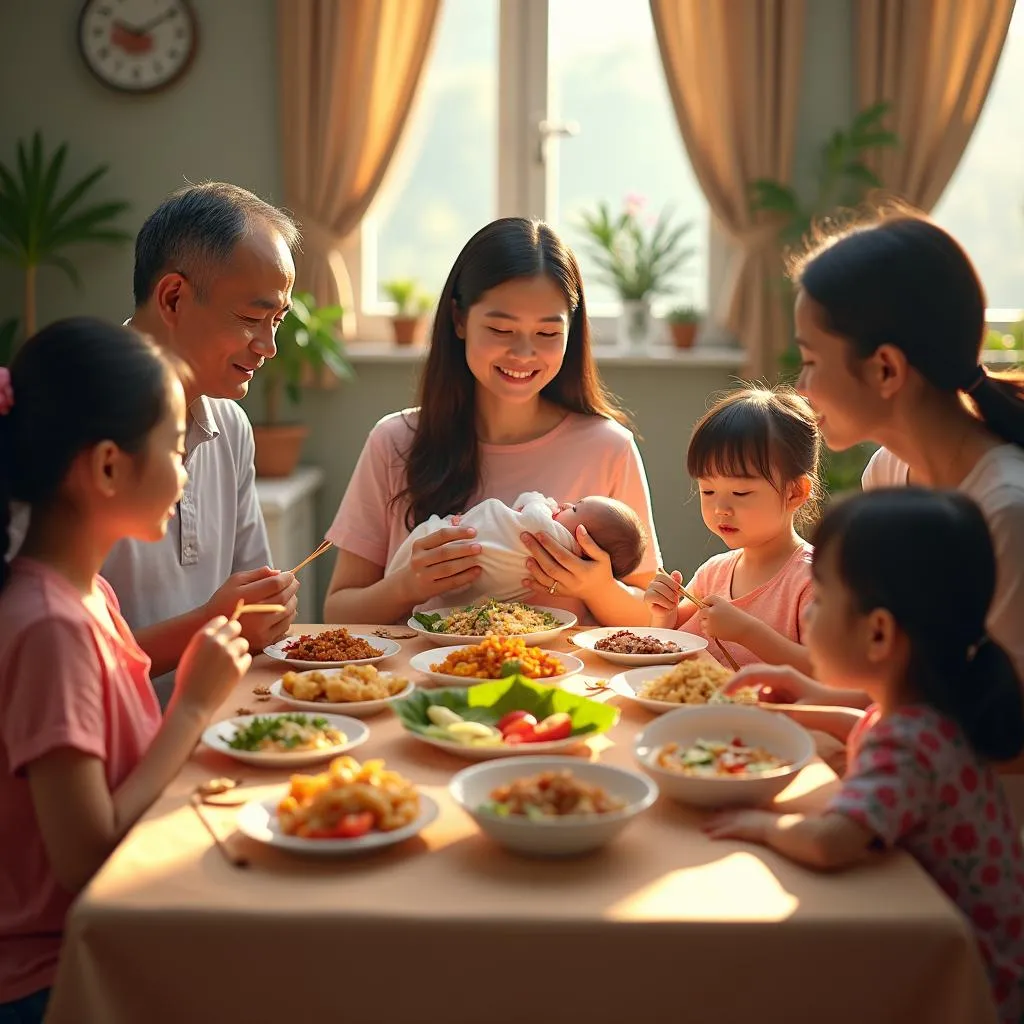 A happy Vietnamese family gathered around a table, enjoying a delicious meal together. 