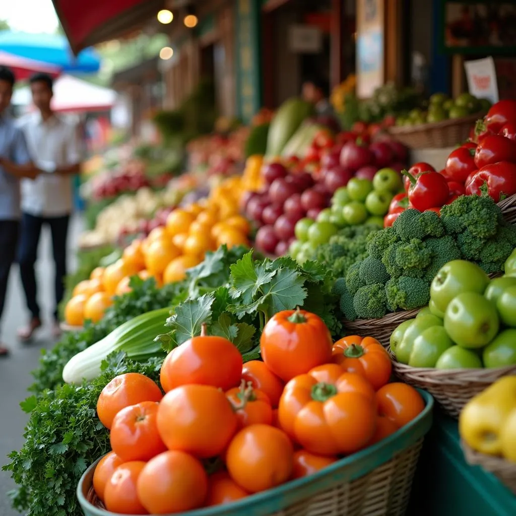 Colorful display of fresh produce at a Vietnamese market