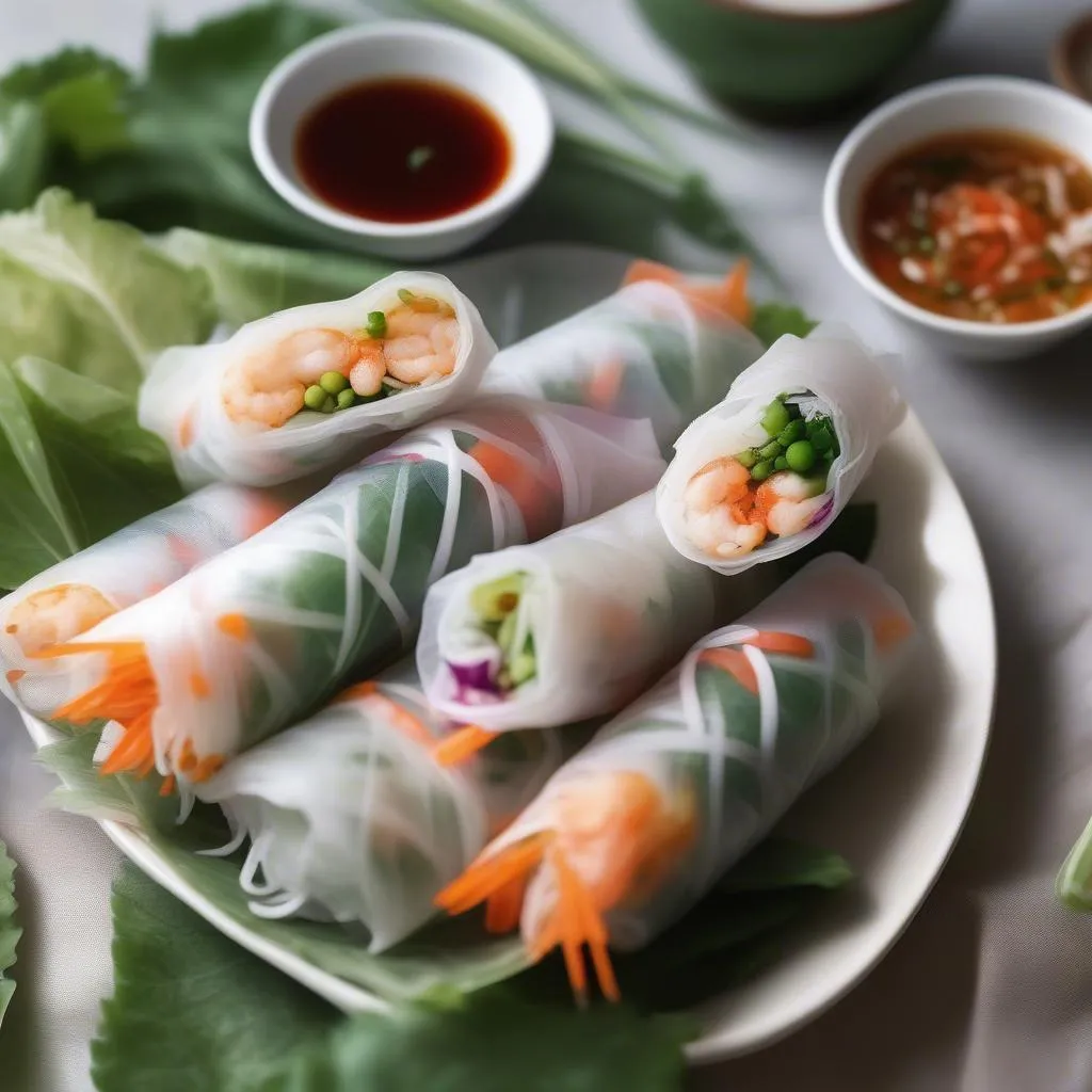 Plate of colorful Vietnamese fresh spring rolls