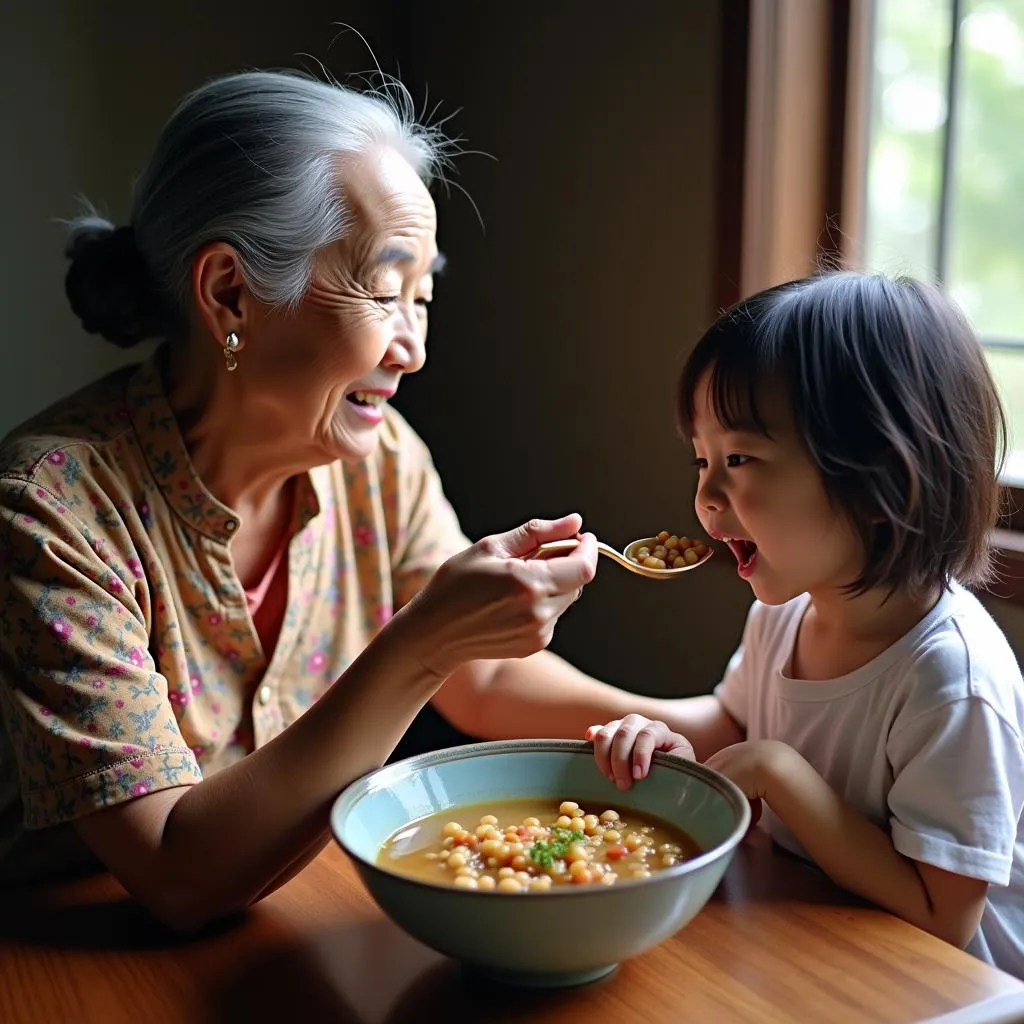 Vietnamese Grandmother Feeding Child Soup