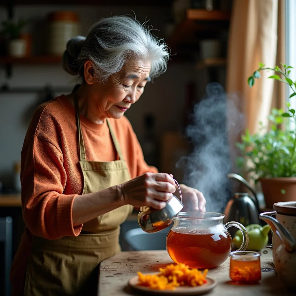 Vietnamese grandmother carefully preparing a pot of traditional chrysanthemum tea.