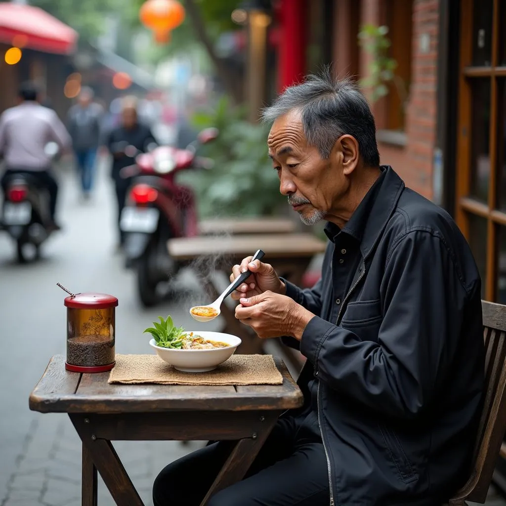 Vietnamese man enjoying a bowl of pho in Hanoi