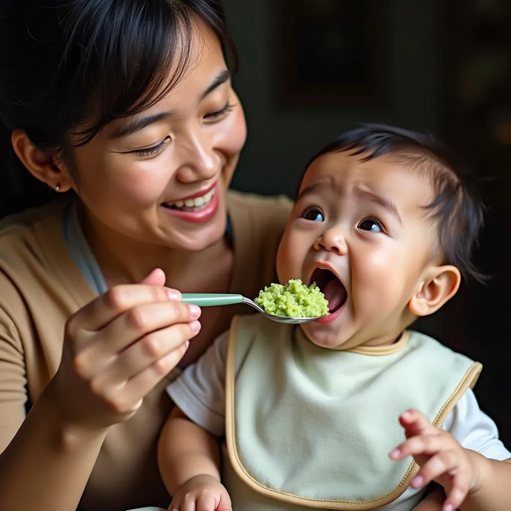 Vietnamese mom feeding baby pureed green vegetables