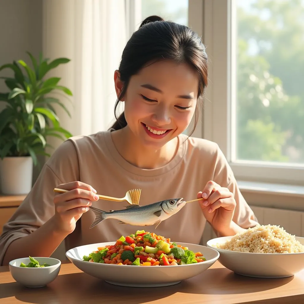 Vietnamese mother enjoying a healthy postpartum meal