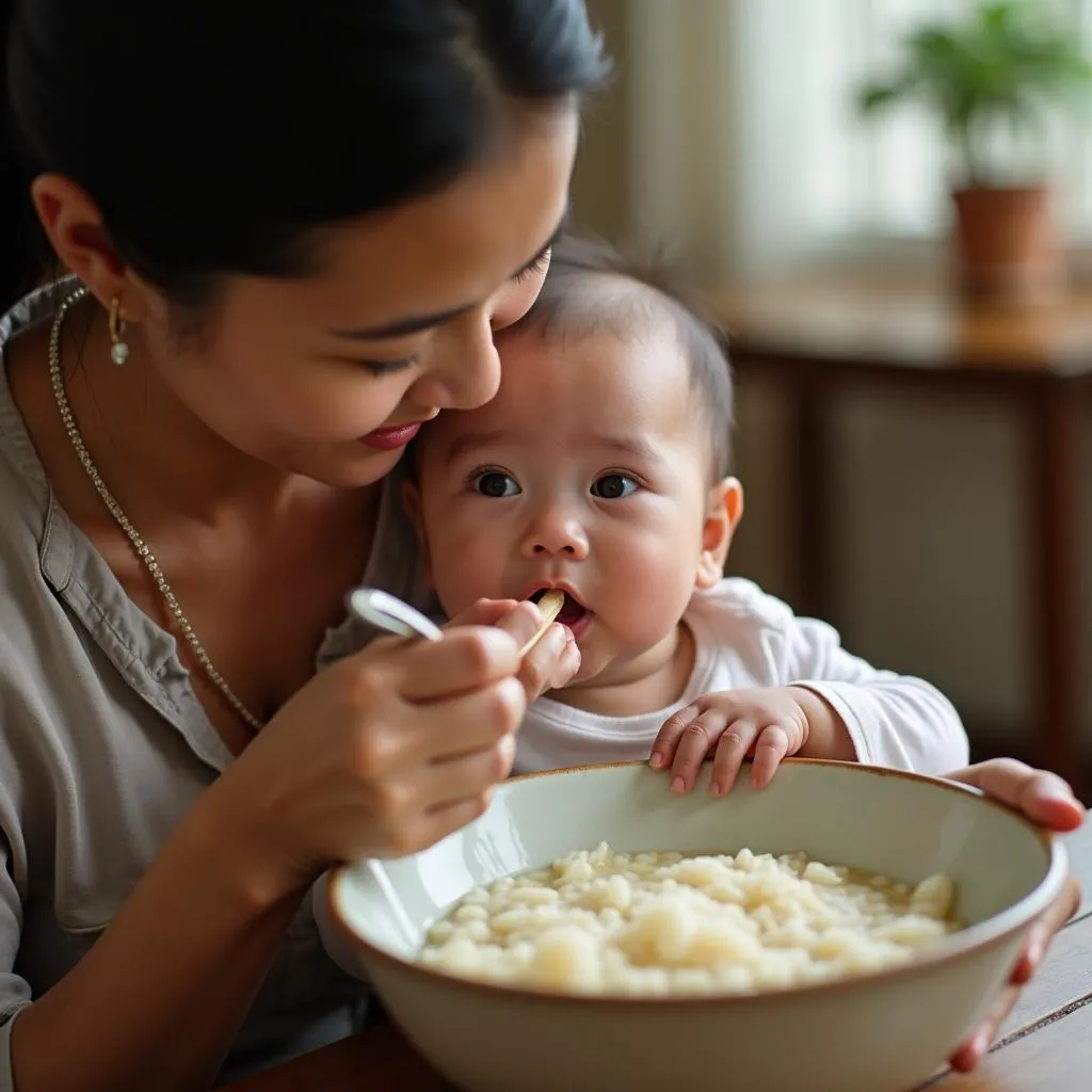 Mother Feeding Baby Rice Porridge