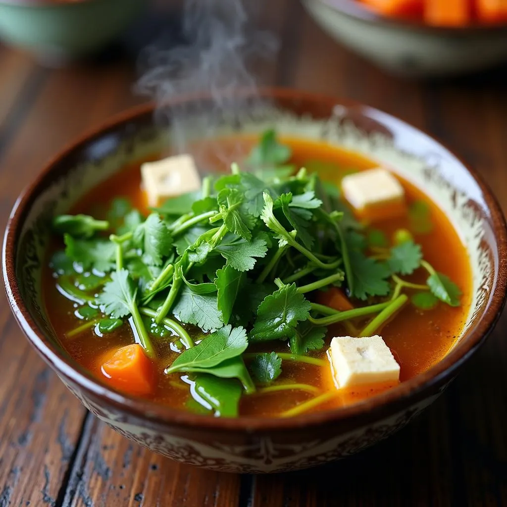 A steaming bowl of Vietnamese mustard green soup (&quot;canh cải xoăn&quot;)