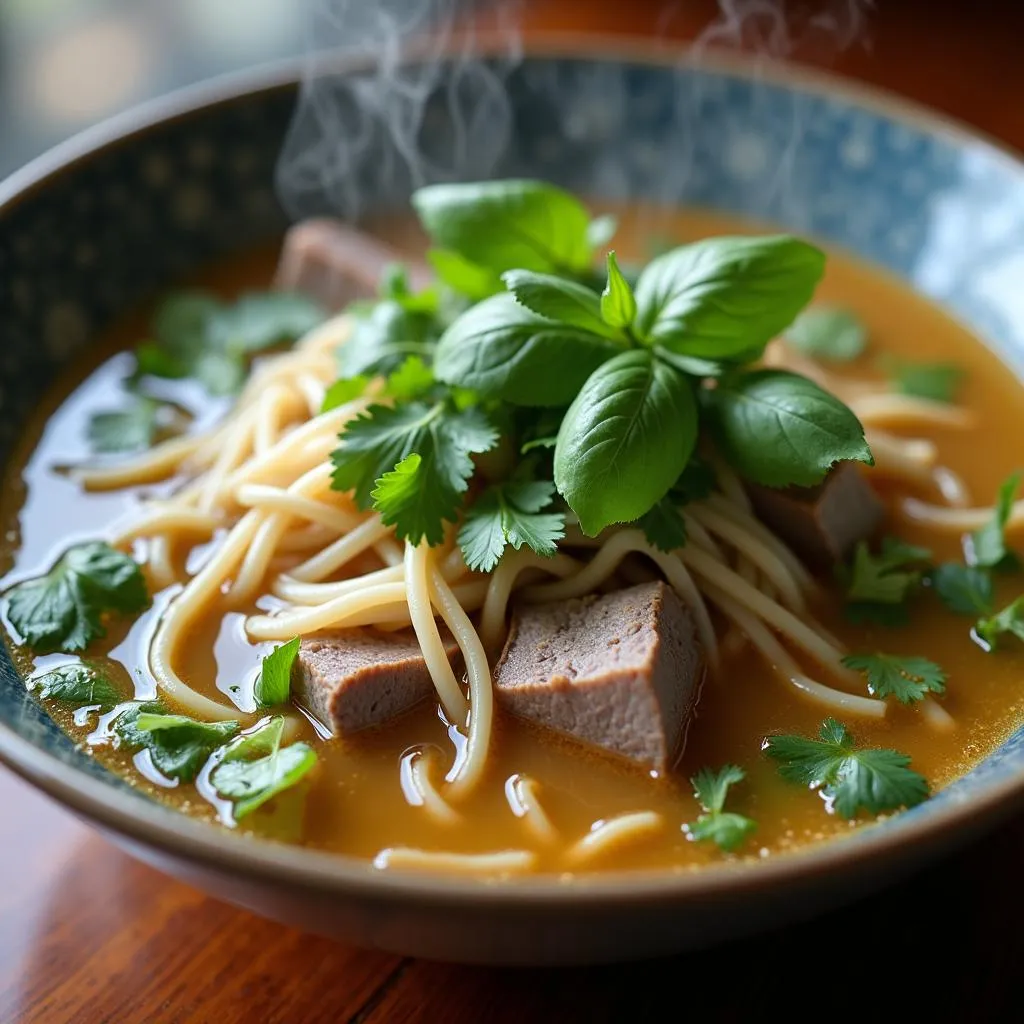 Steaming bowl of Vietnamese Pho with fresh herbs