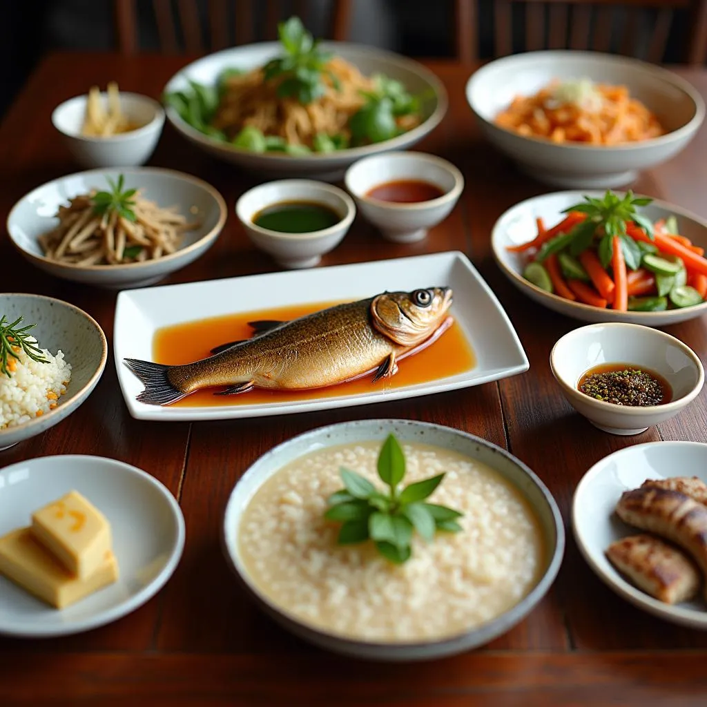 A table setting with a variety of Vietnamese postpartum dishes