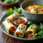 Vietnamese spring rolls and fish cake noodle soup