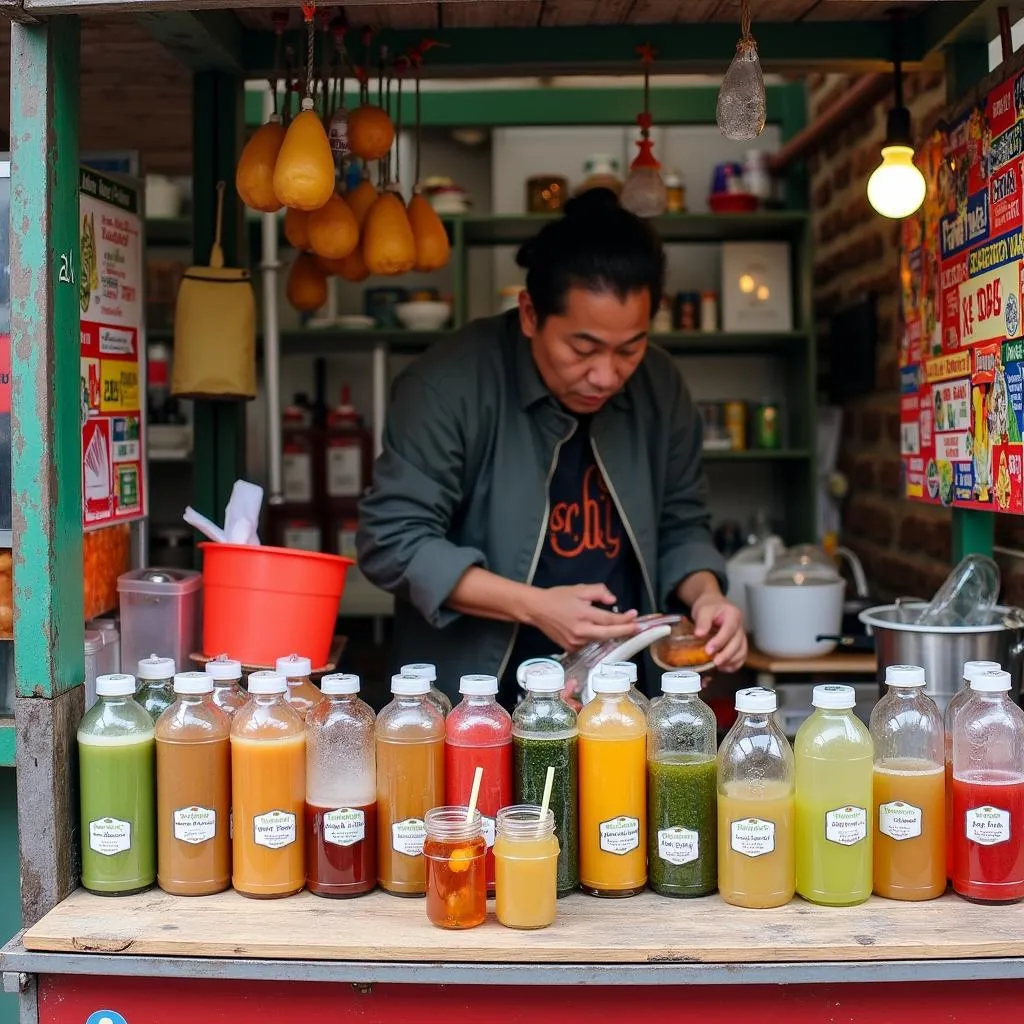 Vietnamese street food stall offering various drinks