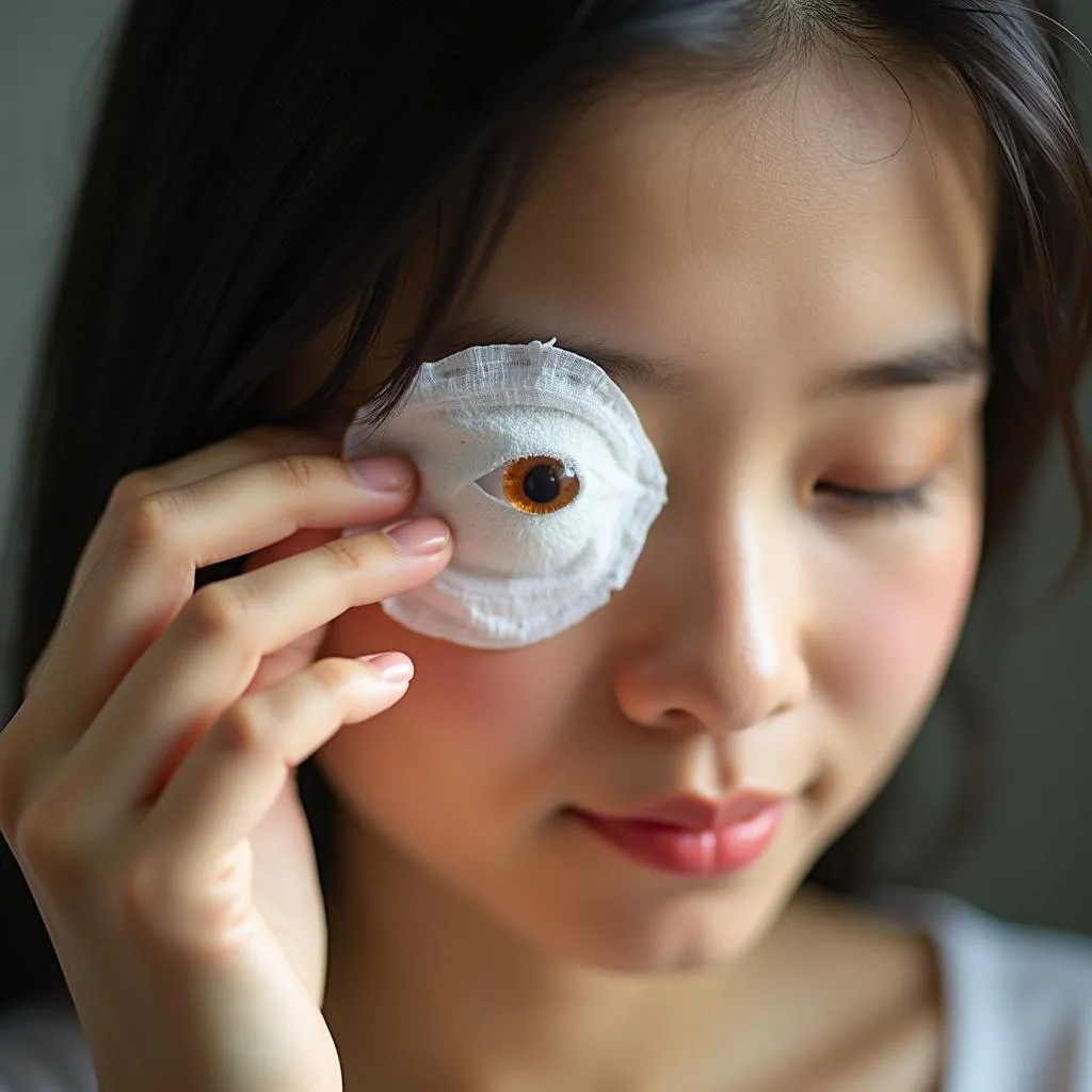 Vietnamese woman applying a warm compress on her eye.