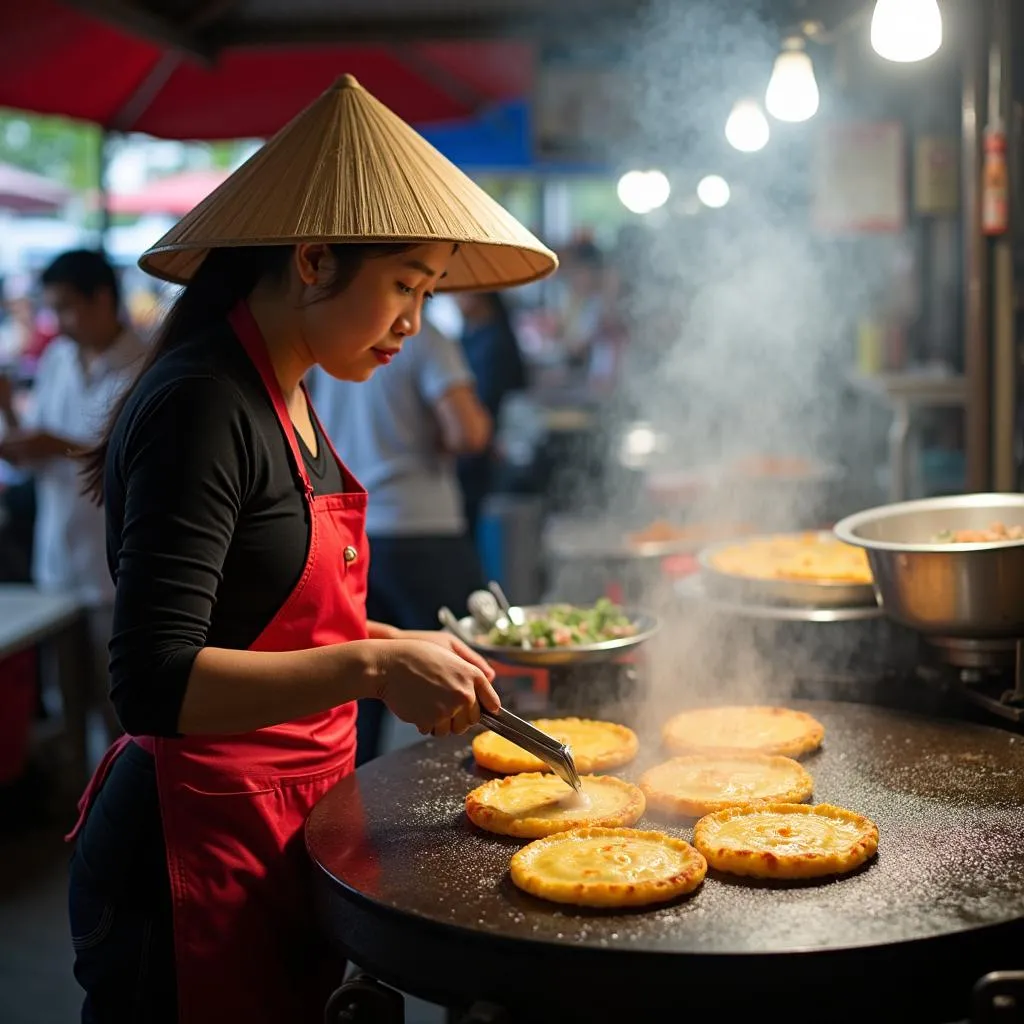 Woman Cooking Banh Xeo