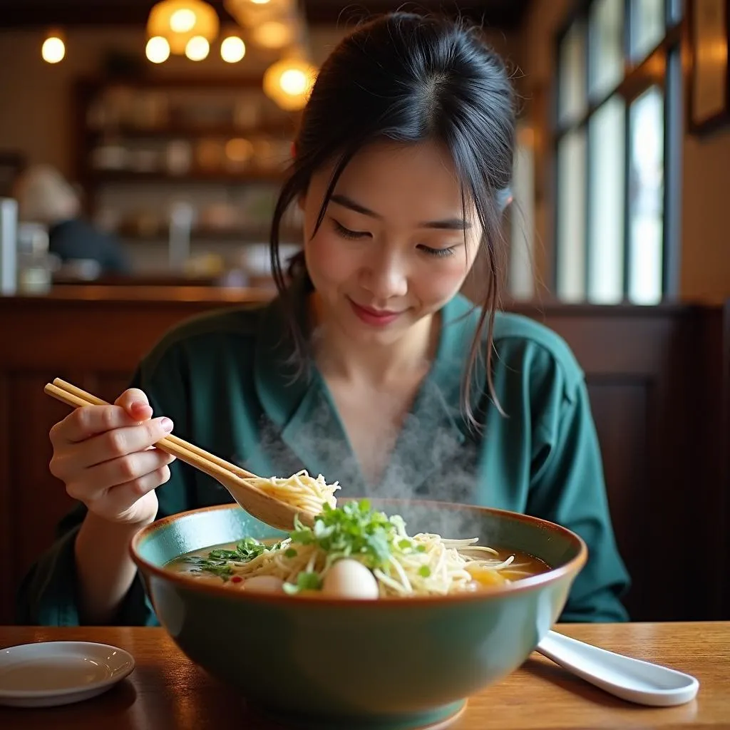 Vietnamese Woman Enjoying Pho