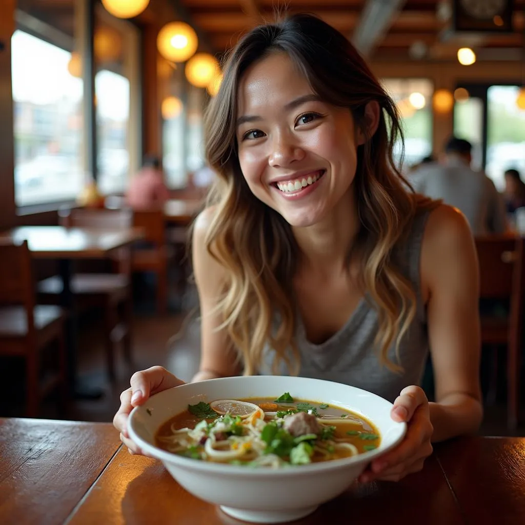 Vietnamese woman enjoying a bowl of pho