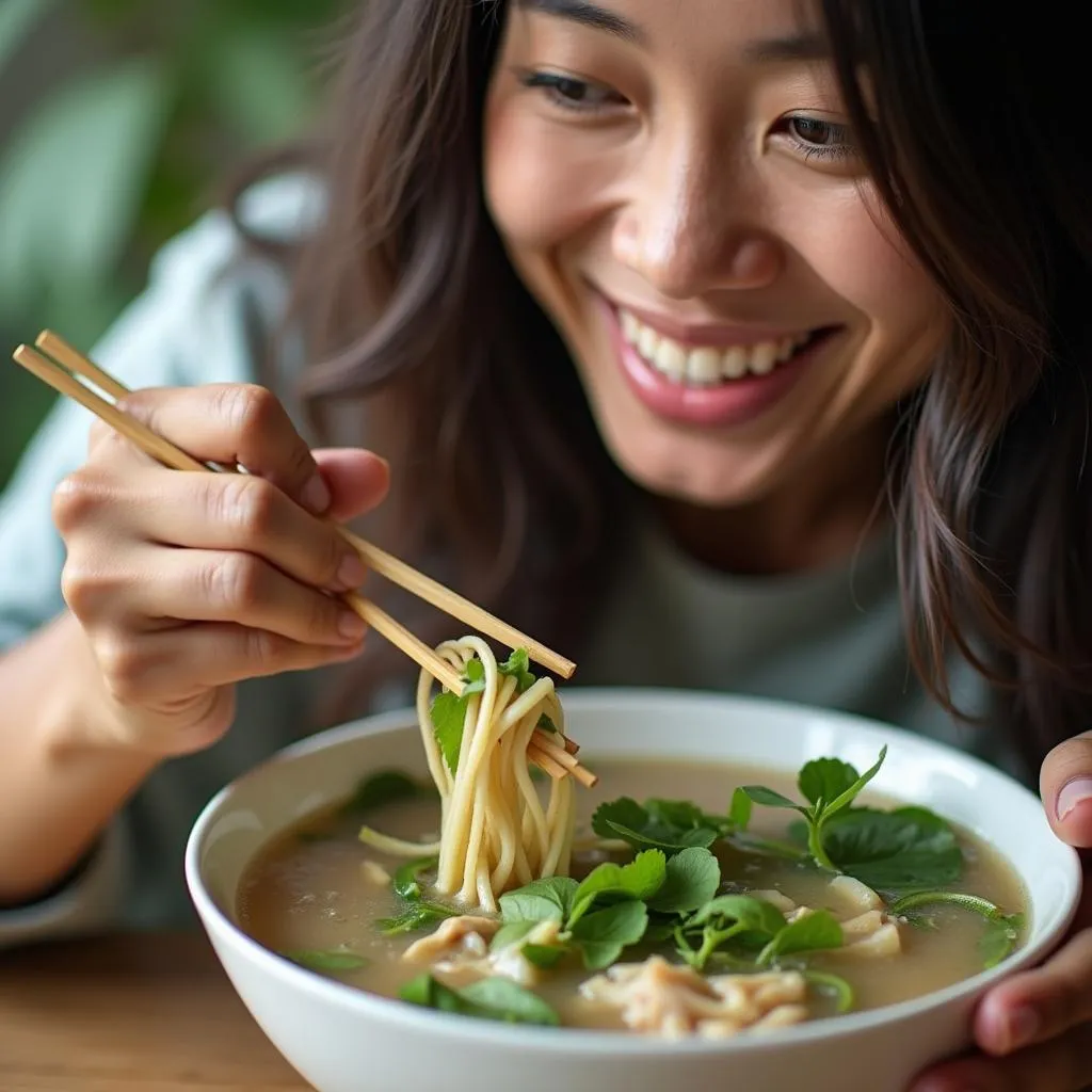 A woman enjoying a bowl of Vietnamese pho