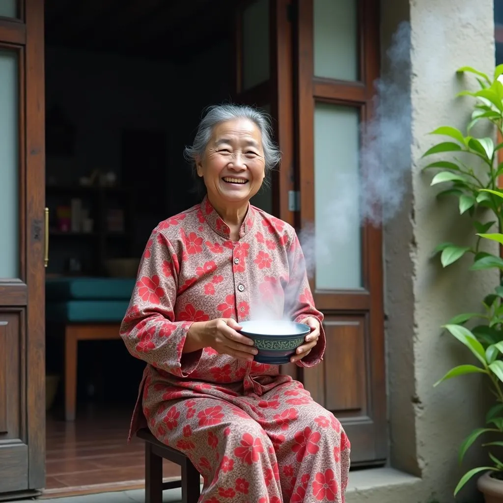 A Vietnamese woman enjoying Xoi for breakfast