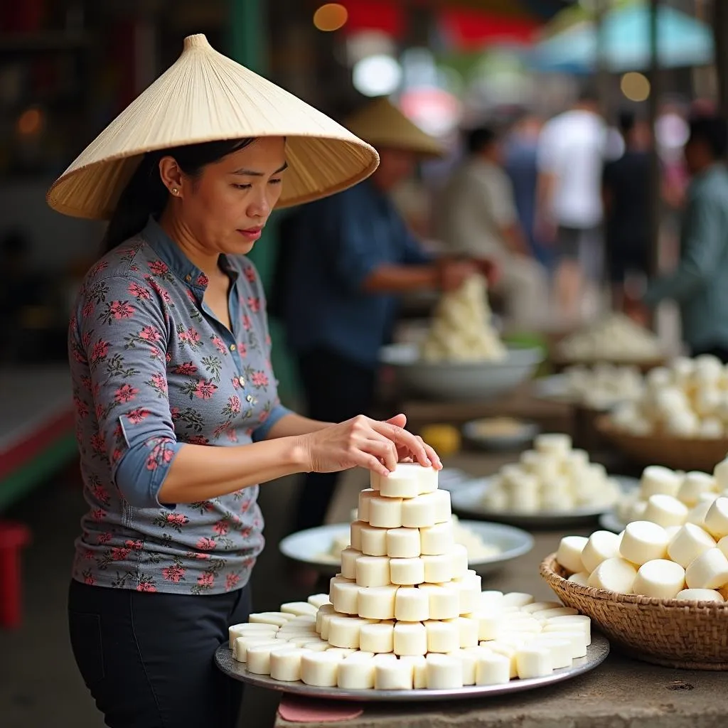 Vietnamese Woman Making Fresh Tofu