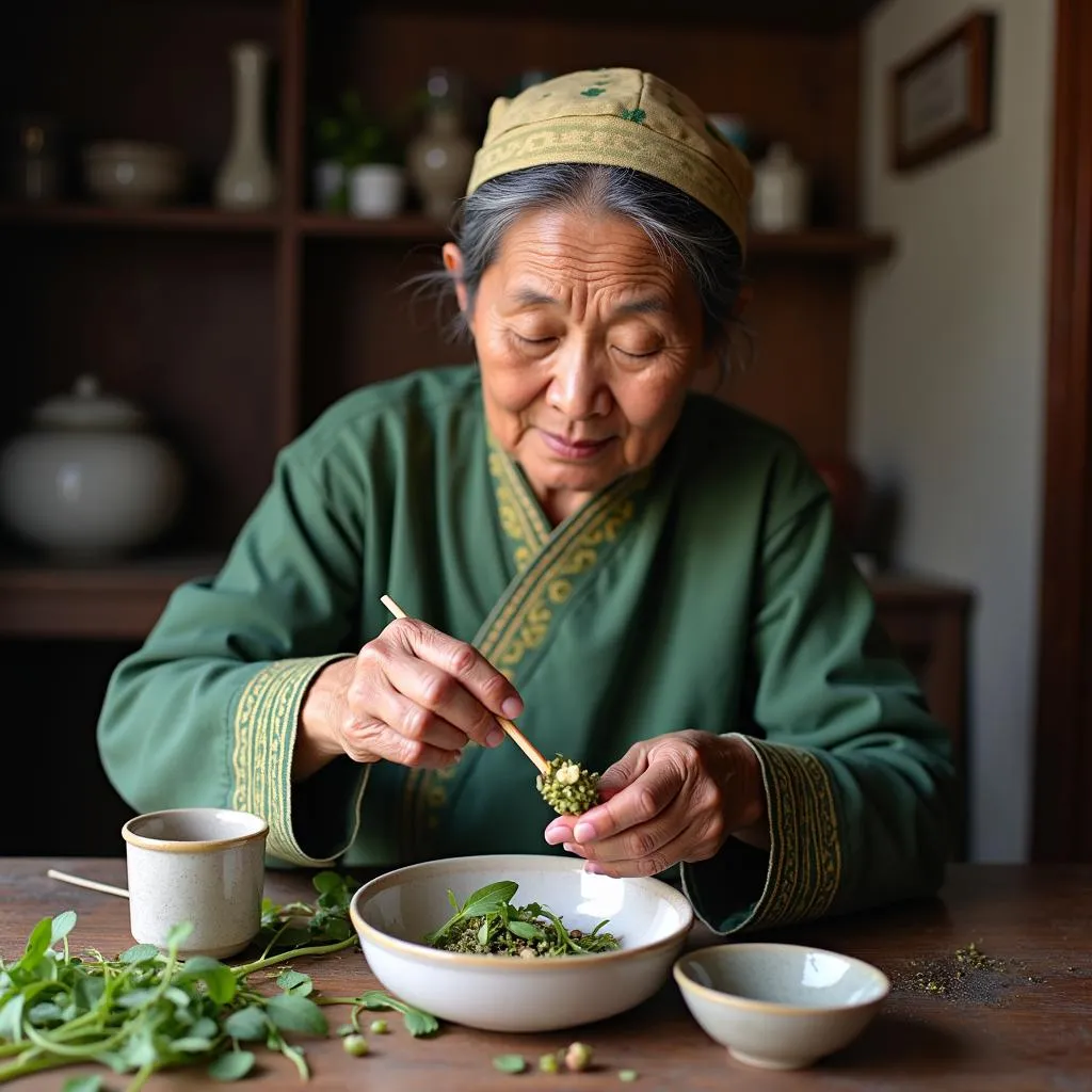 Vietnamese woman preparing traditional herbal remedies