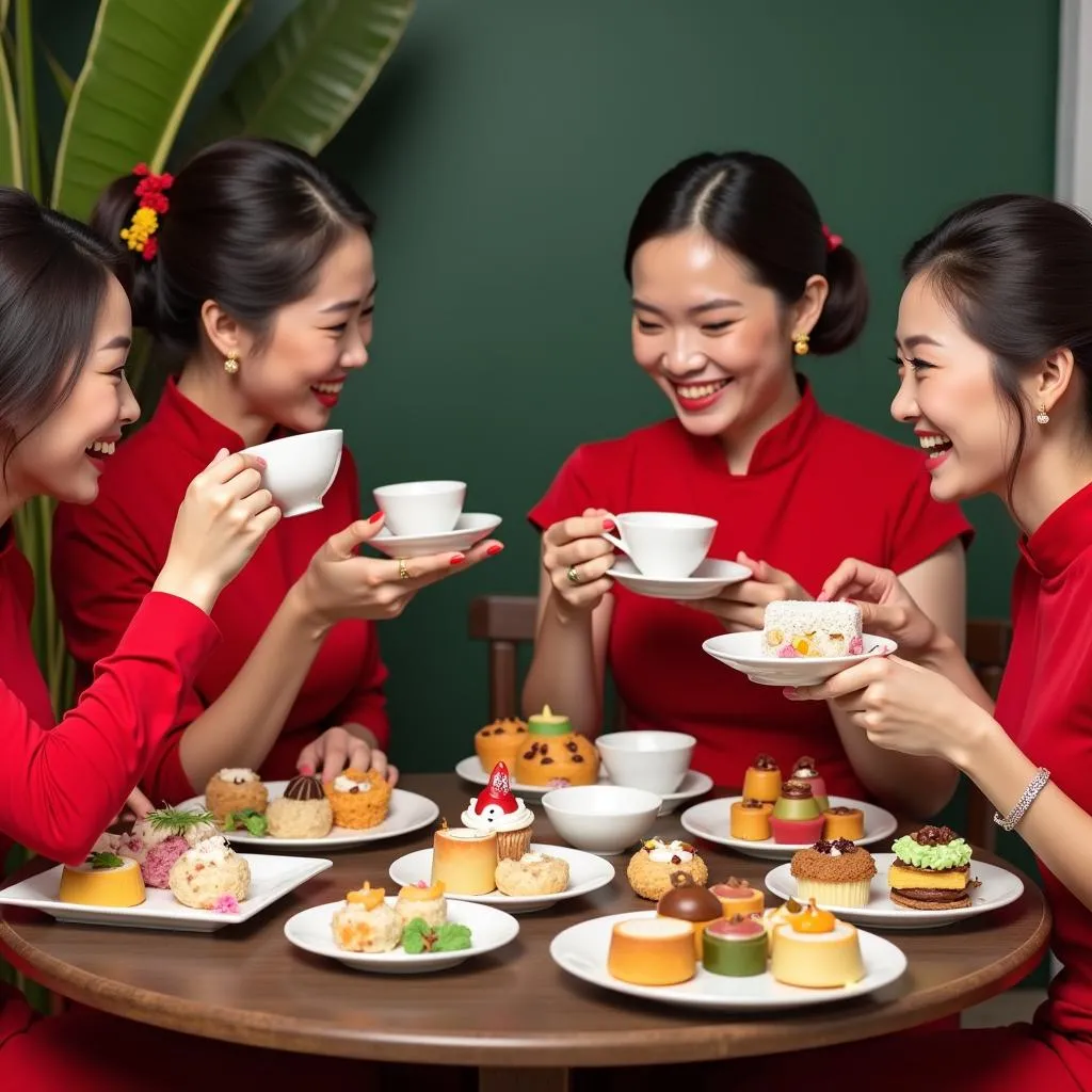 Group of Vietnamese women enjoying tea and sweets