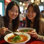 Vietnamese women enjoying bun bo hue together