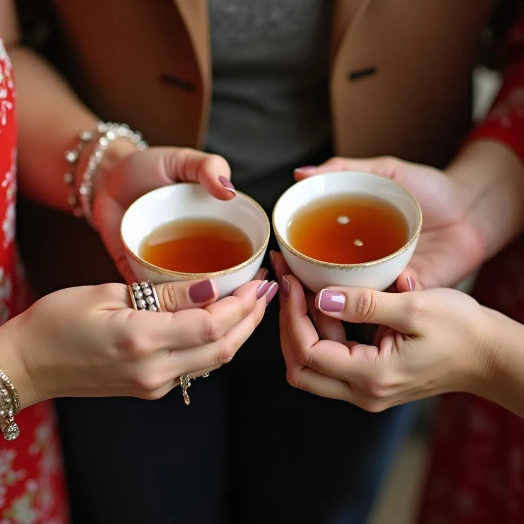 Vietnamese women raising teacups in a toast