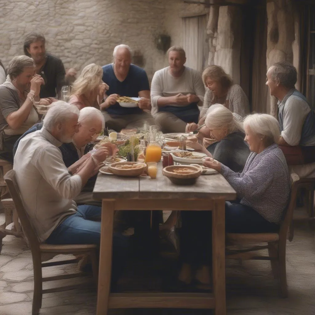 A group of people enjoying a traditional meal in a quaint village setting, with simple food and warm atmosphere