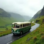 Vintage bus traveling through Scottish Highlands