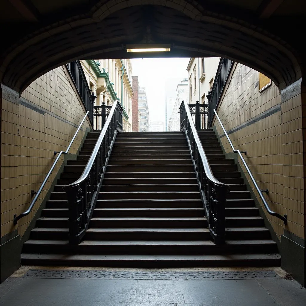 Subway entrance with stairs leading to street level