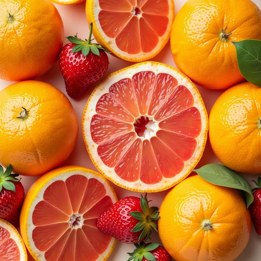 Assortment of citrus fruits and berries.