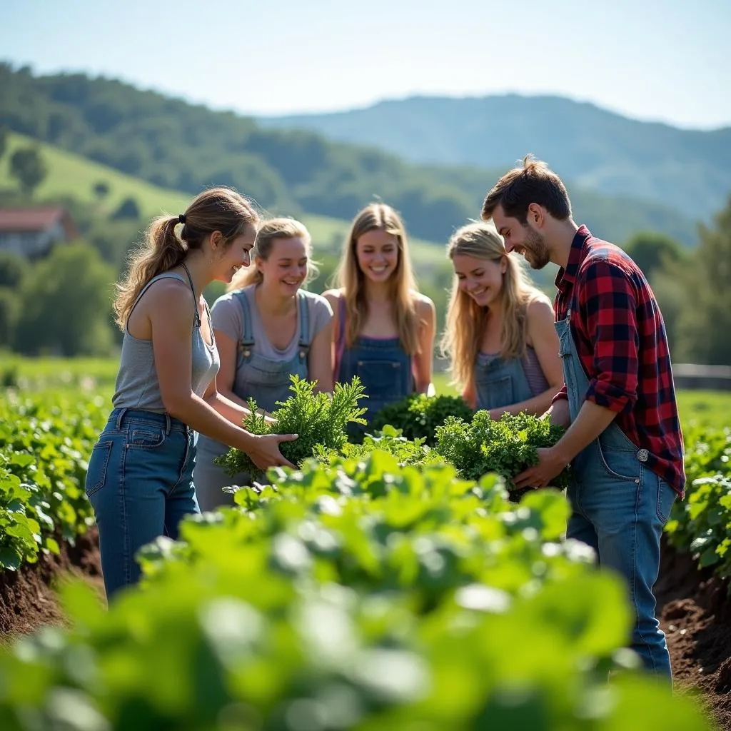 Volunteers working on an organic farm