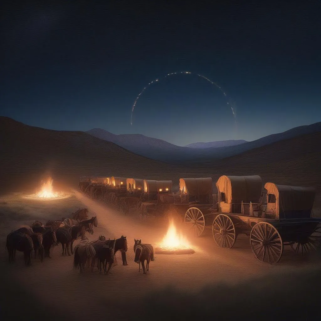 Wagon train circled at night under the stars