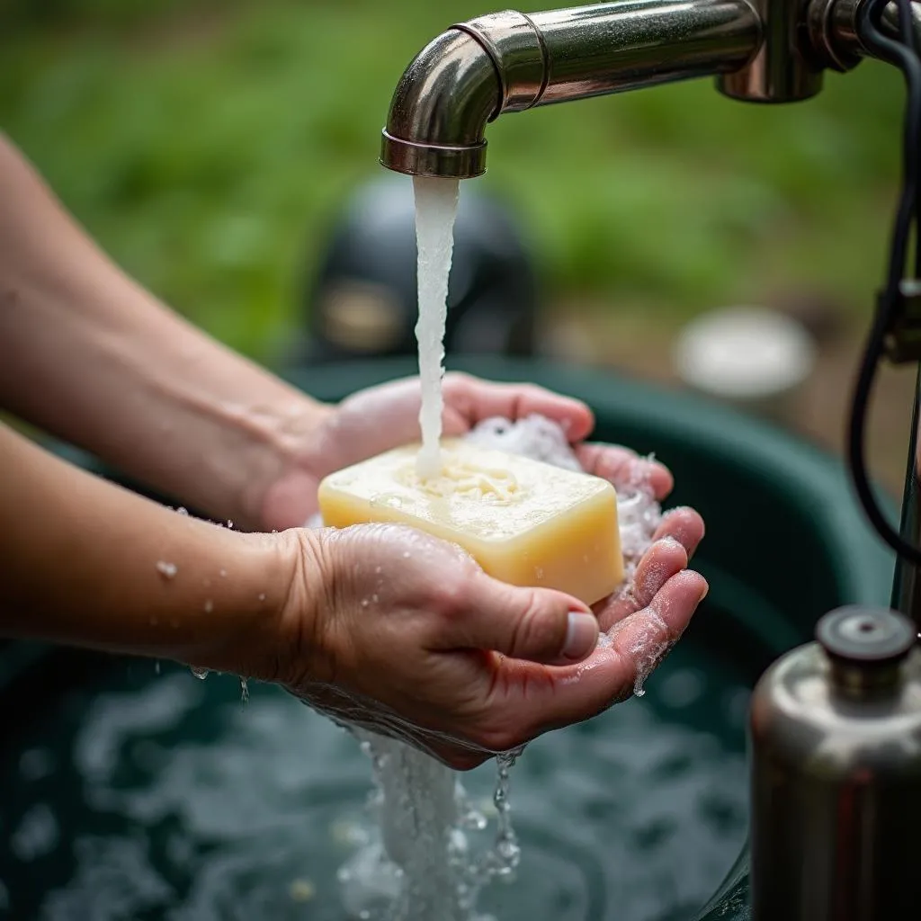 Close-up of hands lathering with soap during a camping trip.