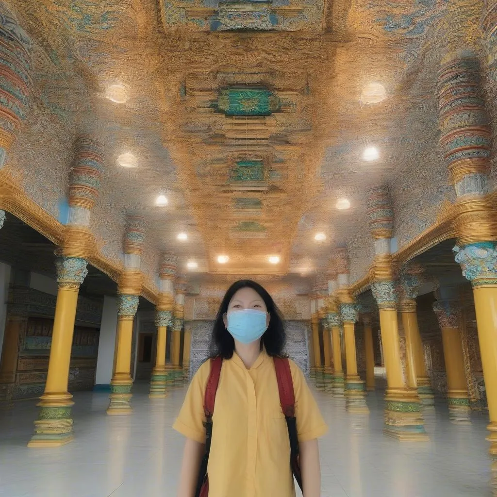 Wearing a face mask at the Cao Dai Temple, Binh Duong