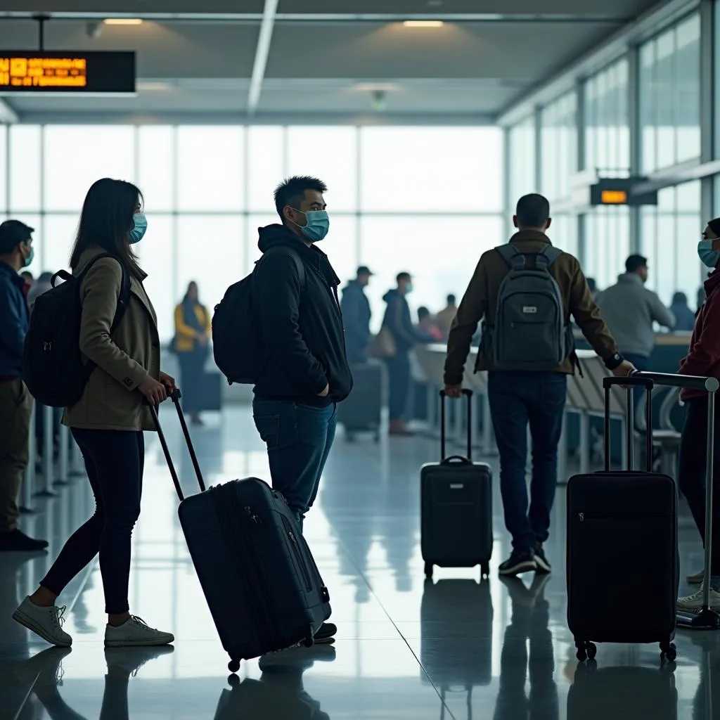 Travelers wearing masks at the airport.