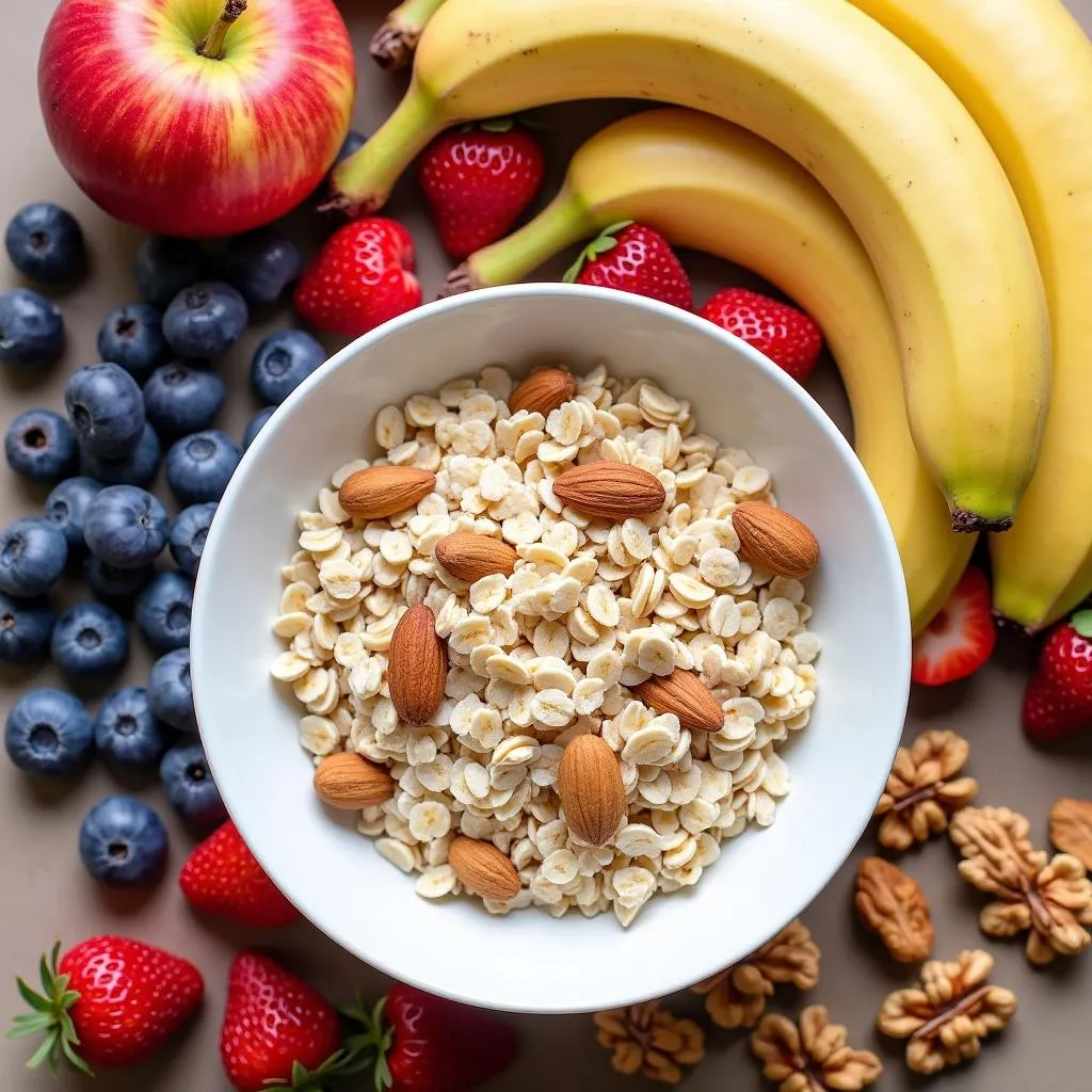 A table showcasing colorful fruits, nuts, and oats for weight loss