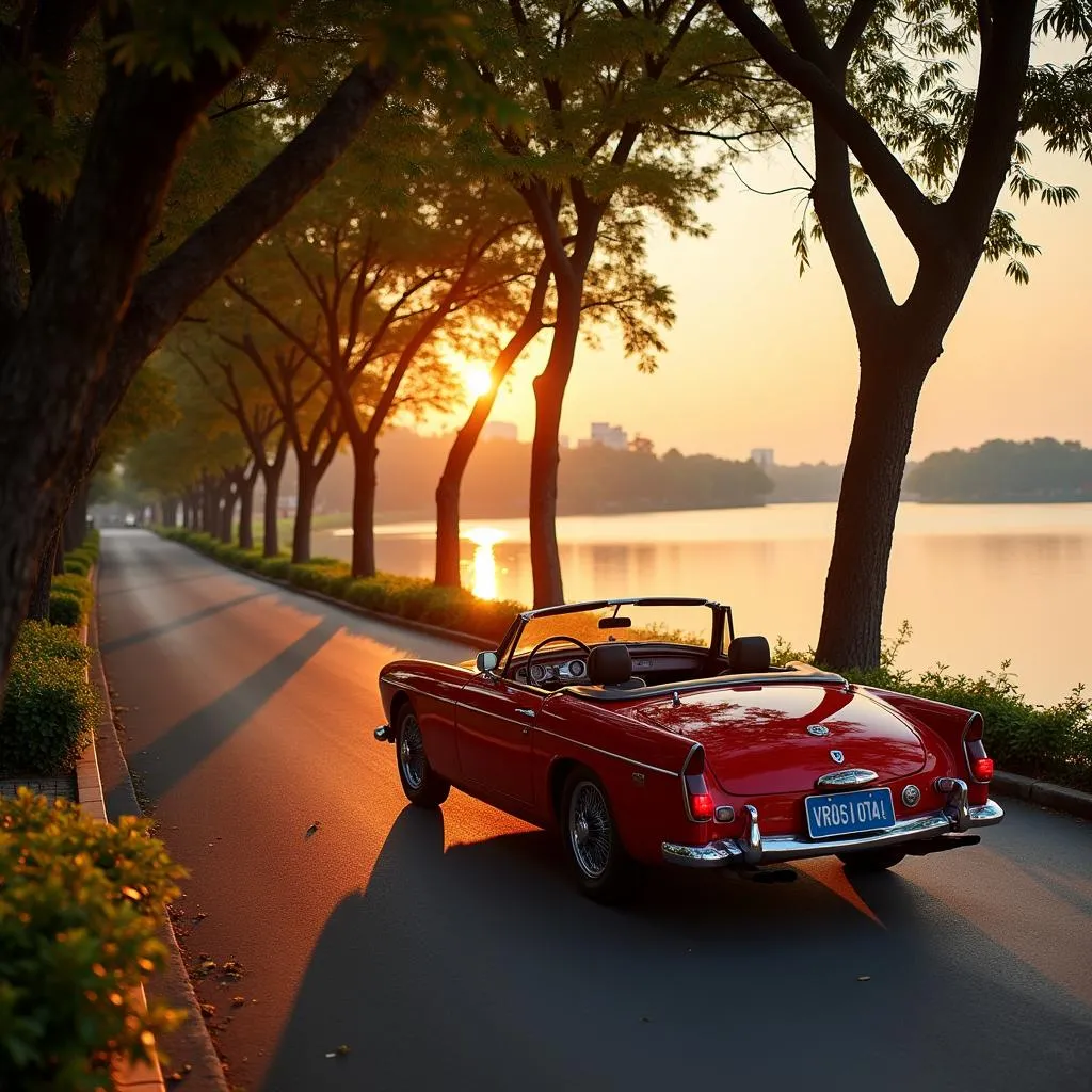 A convertible driving along the scenic road surrounding West Lake in Hanoi