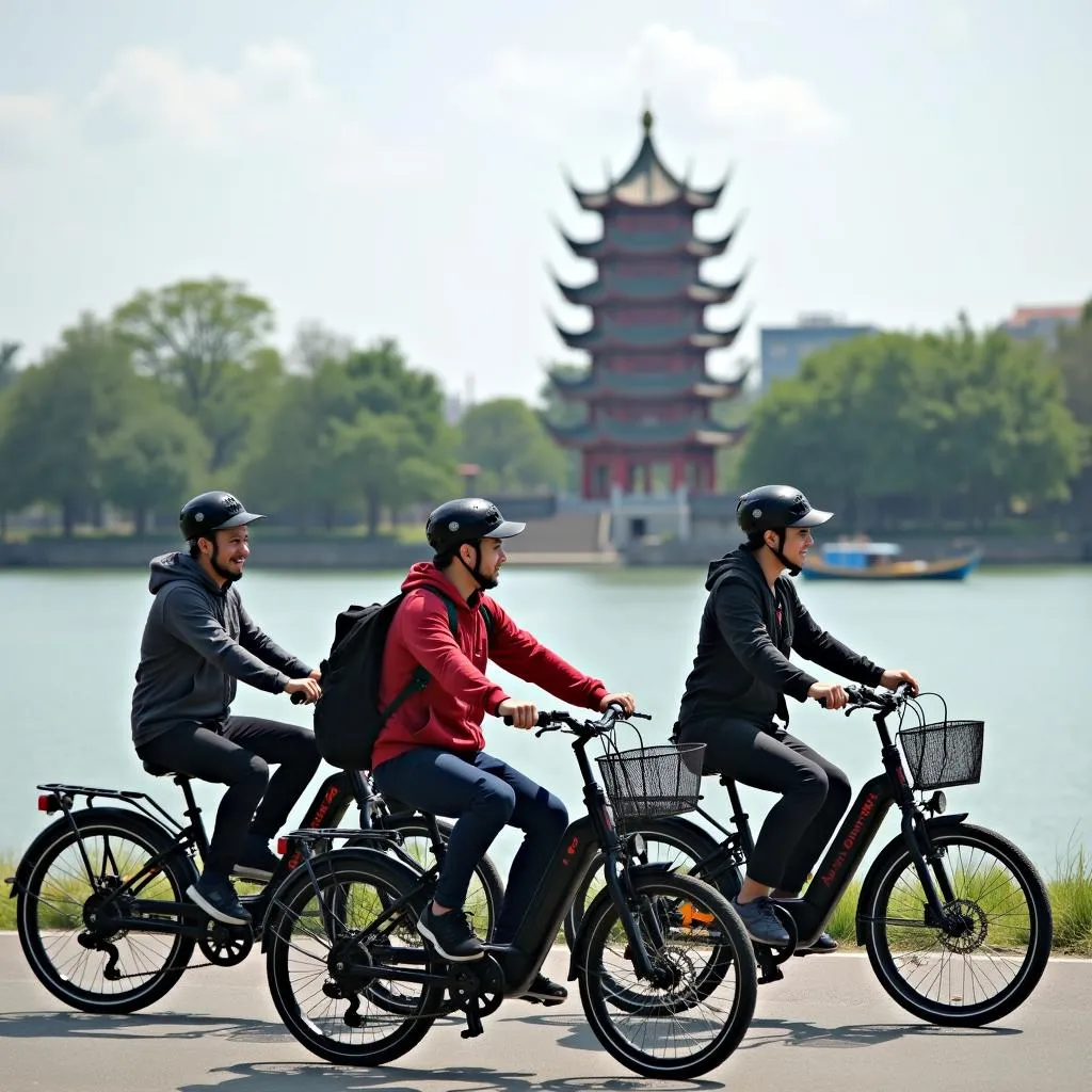 Tourists biking around West Lake in Hanoi