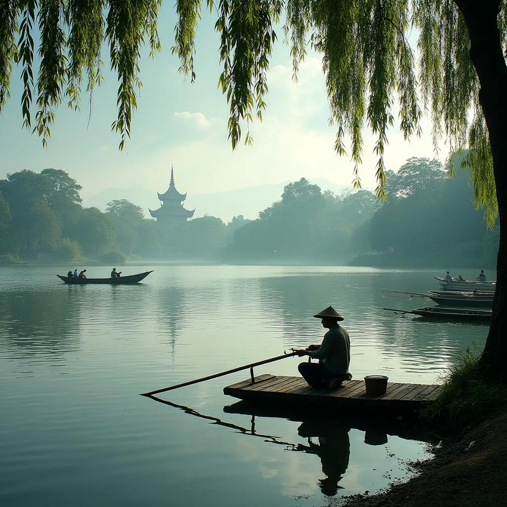 Fishing on West Lake, Hanoi