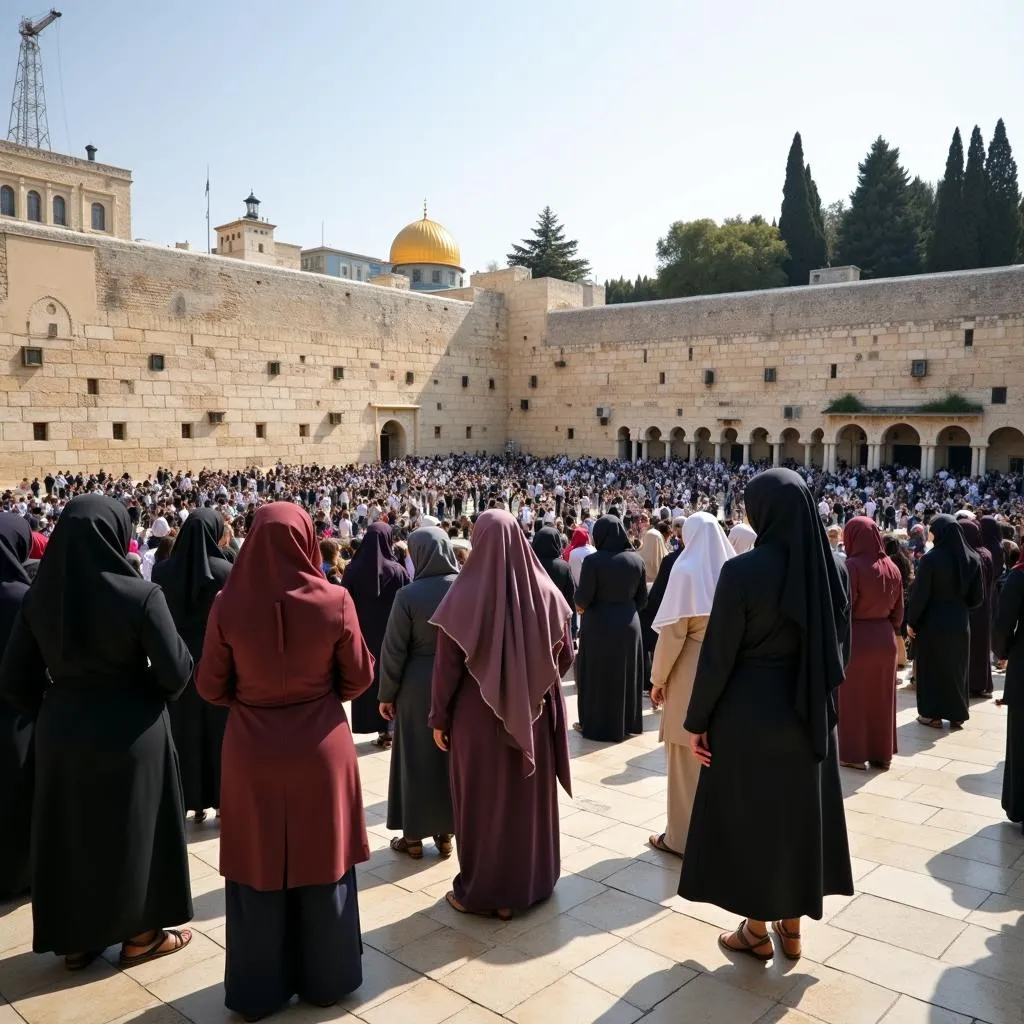 Tourists respectfully observing traditions at the Western Wall in Jerusalem