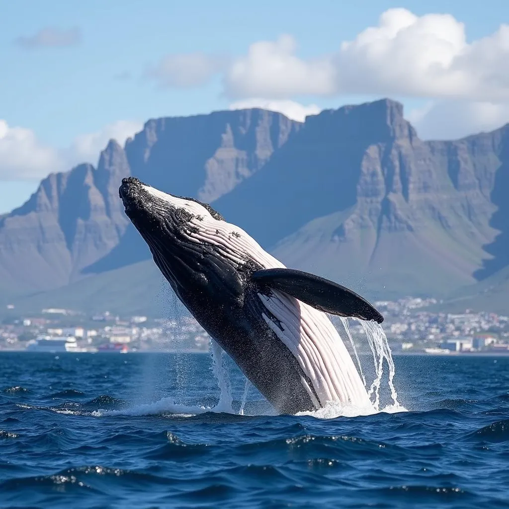 Southern Right Whale breaching near Cape Town coast