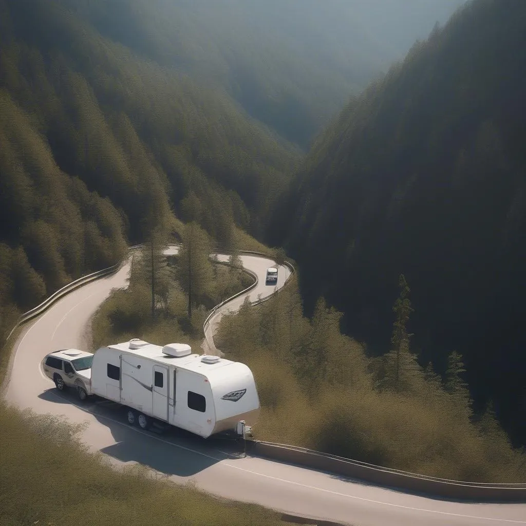 Travel trailer on winding mountain road