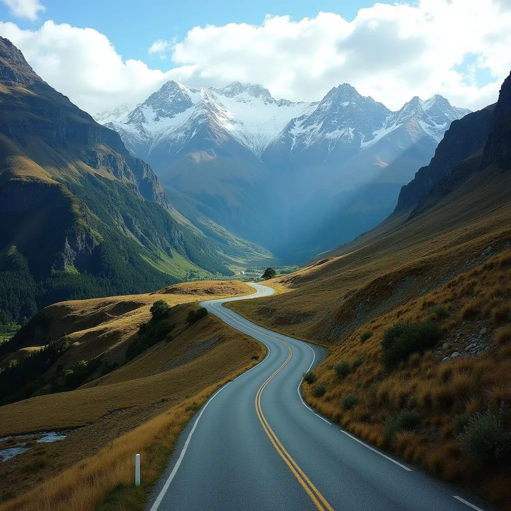 Scenic drive on a winding road in New Zealand