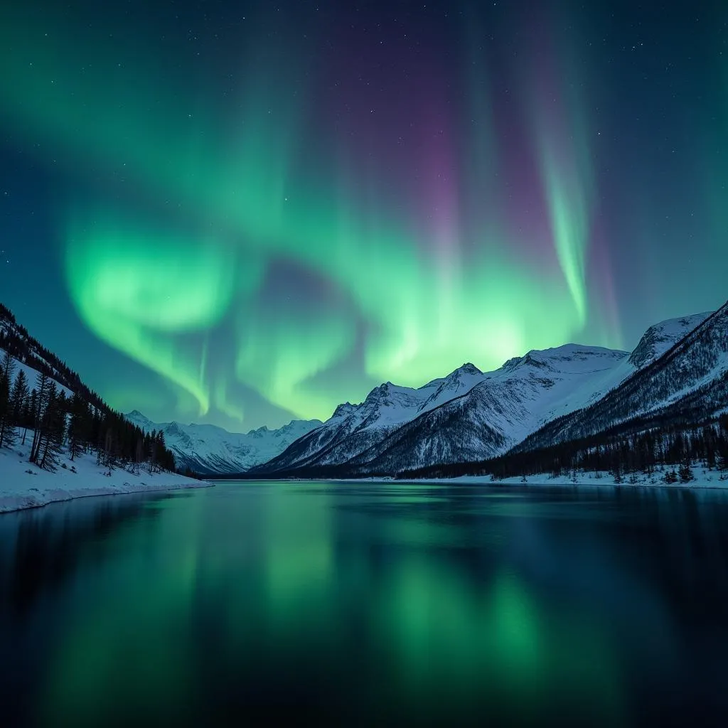 Winter in Iceland: Northern Lights reflecting on a lake