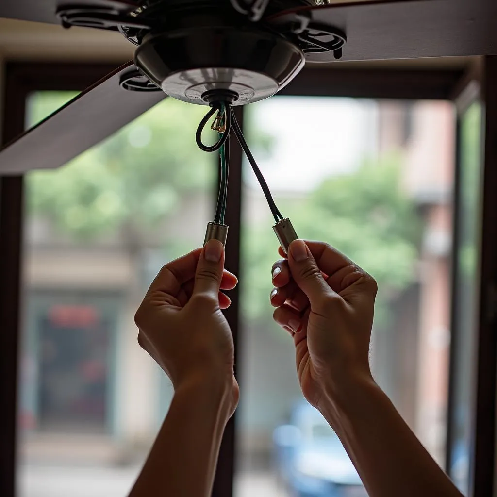 Connecting ceiling fan wires in a Hanoi home.