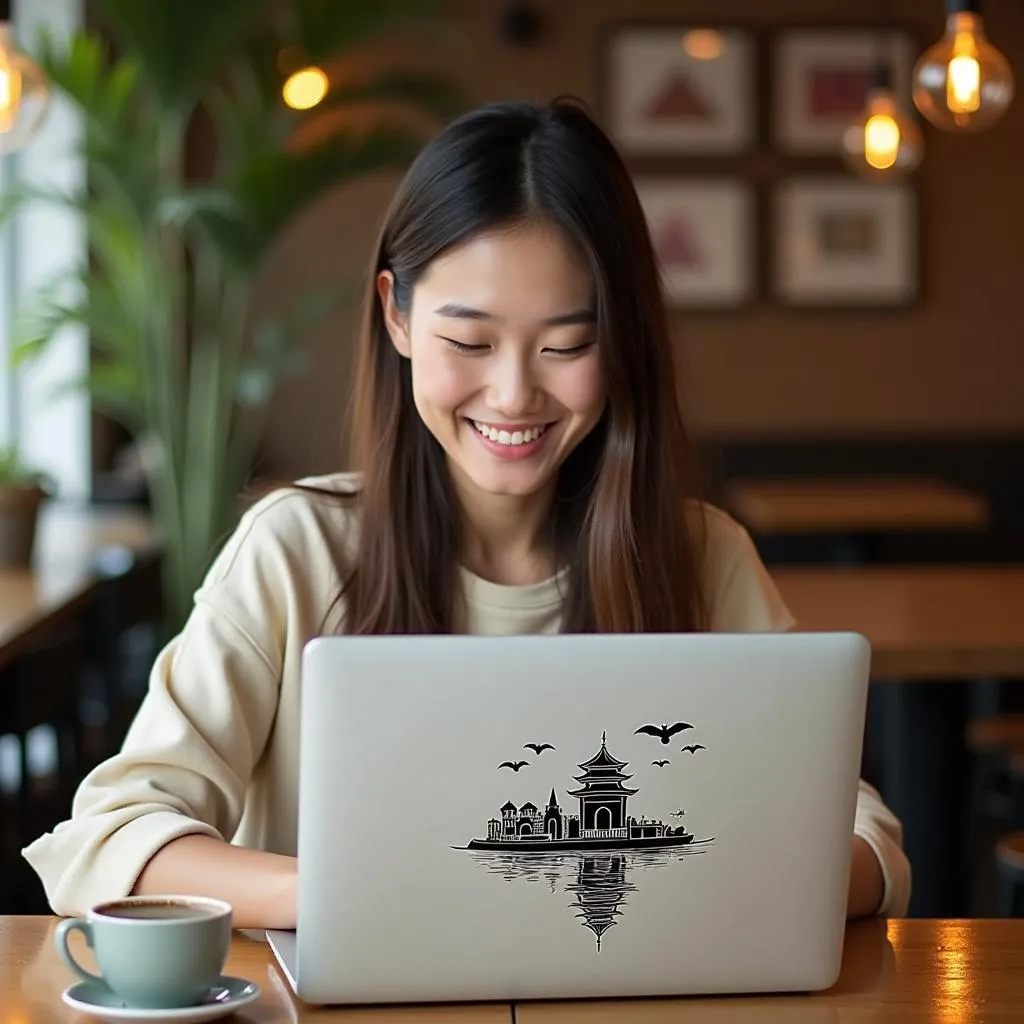 Applying a Decal Sticker to a Laptop in a Hanoi Cafe