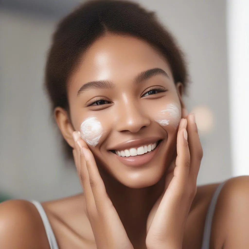 Smiling woman applies moisturizer