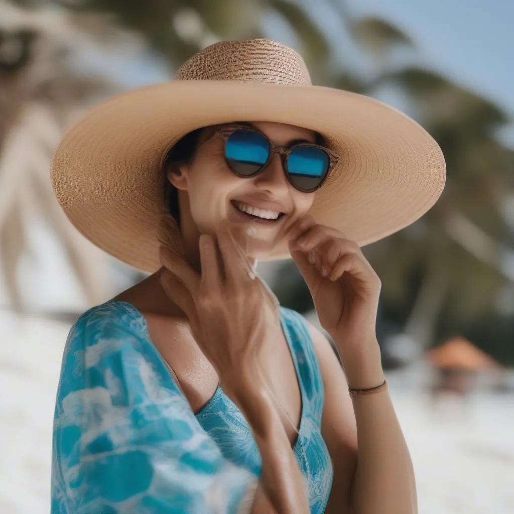 Woman applying sunscreen on a sunny beach 