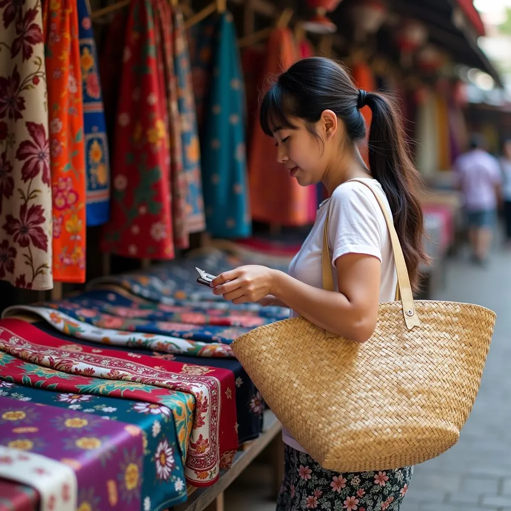 Woman Browsing Silk Fabrics in Hanoi Market