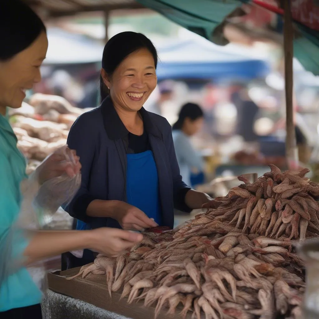 Woman buying chicken feet at a Vietnamese market