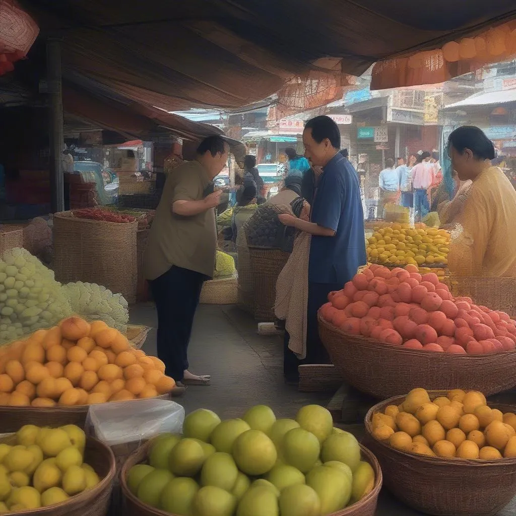 A local woman smiling as she helps a customer choose dac fruit at Xom Moi market in Nha Trang